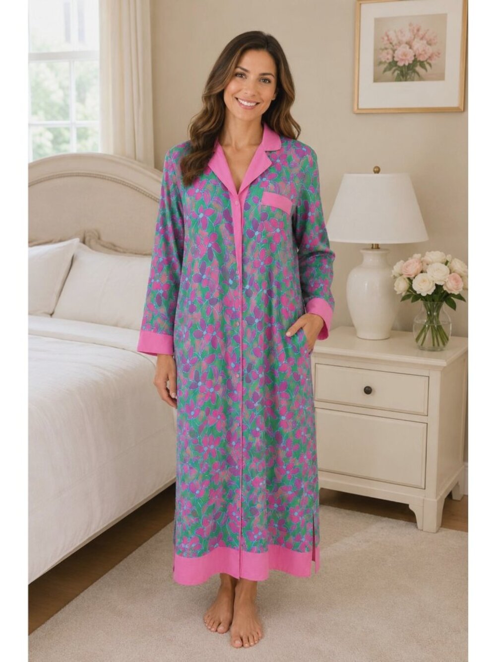 Kate Spade Floral Green Pink Full Length Nightgown Lounge Dress SZ XL
